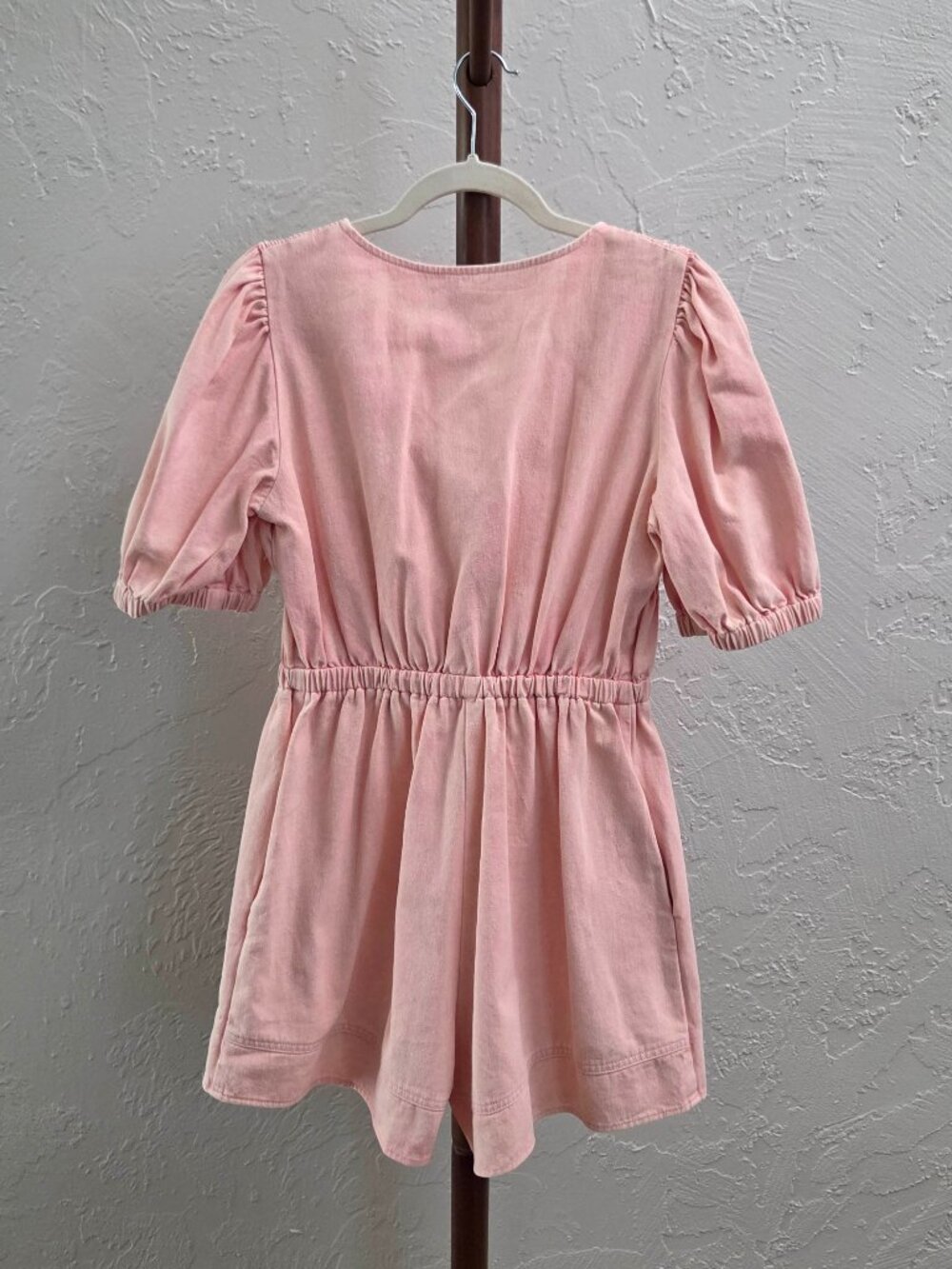 R78. Women's Smocked Denim Romper With Bow Ties - Picture 2 of 3